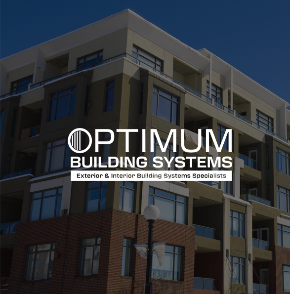 Optimum Building Systems logo overlayed on a background image of a multifamily building